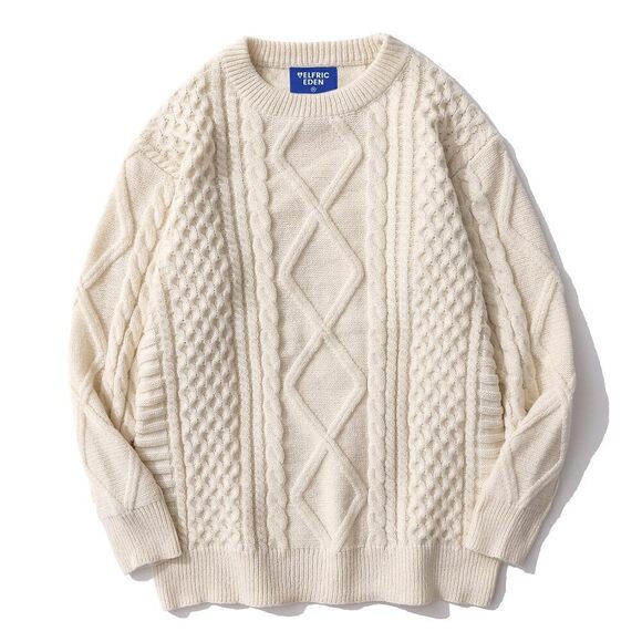 Cable Knit Sweater Women Chunky Sweater Woven Crewneck Knitted Pullover White - Picture 1 of 6